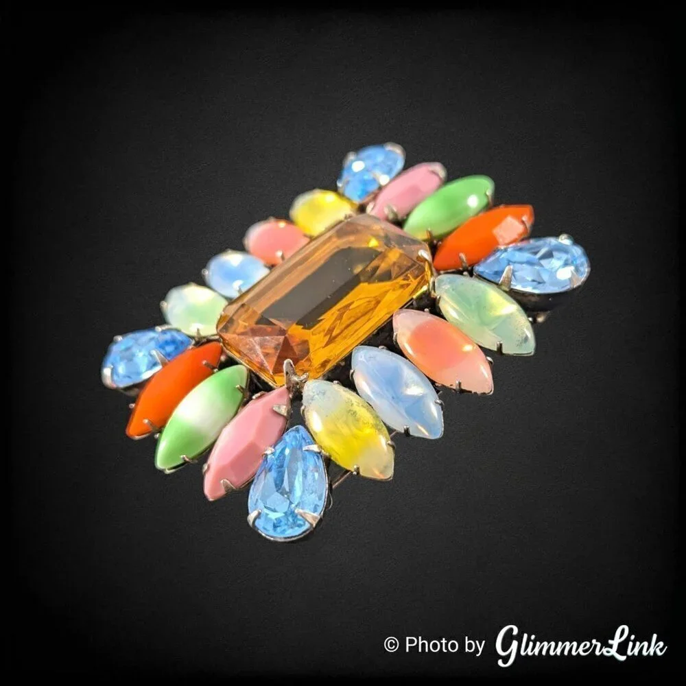 Vintage Mid Century Multicolor Rectangular Glass Stones Gold Tone Brooch